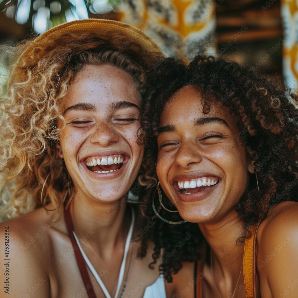 Fototapeta premium Close up portrait of friends laughing together, showcasing joy and connection in vibrant setting