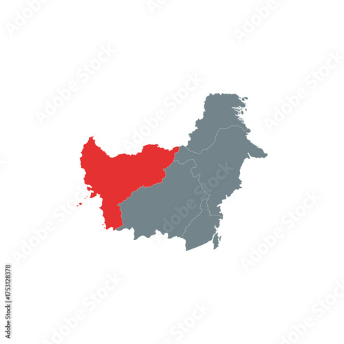 Kalimantan island map silhouette with region borders. Borneo geographic outline showing provincial division for atlas, travel, and education project. west kalimantan island map