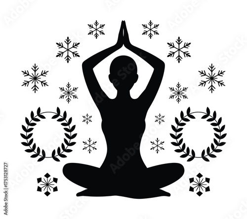 Yoga meditation silhouette with snowflakes relaxation wellness peace vector