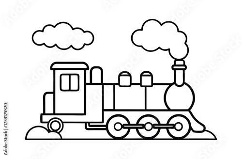 Simple line drawing of a classic steam locomotive train with smoke plumes and clouds for coloring