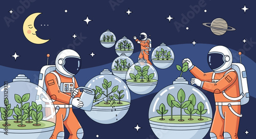 Astronauts Cultivating Greenery in Space Colonies with Moon and Planets.