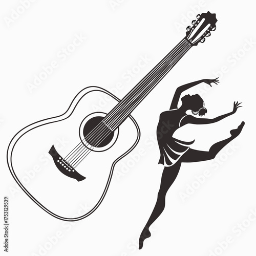 Elegant ballerina dancing with guitar for music concert or creative arts