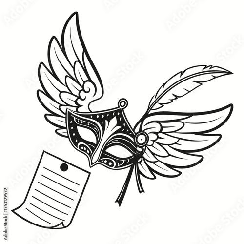 Mysterious winged mask with feather and letter, perfect for invitations