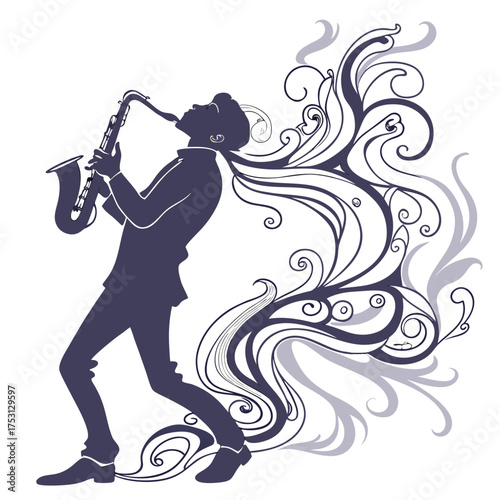 Saxophone player silhouette with stunning jazz music swirling around him