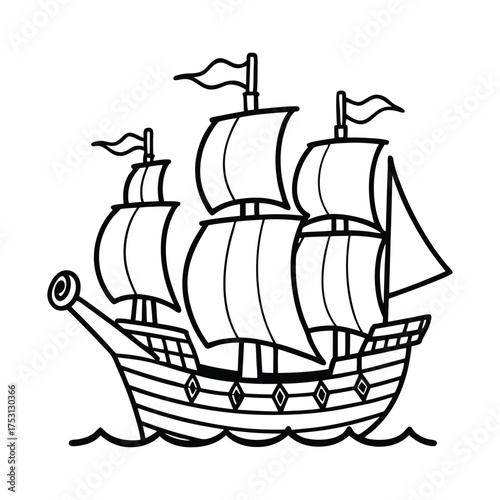 A classic three masted sailing ship with billowing sails depicted in a simple black and white line drawing illustration on a white background