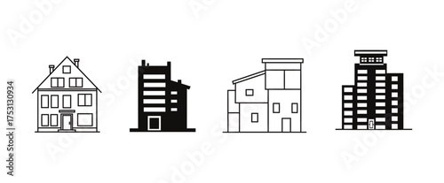 Building icon set. house, office, bank, school, hotel, shop, university and hospital icons. Solid and outline icon collection. Vector illustration.