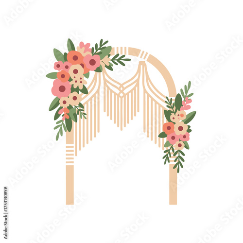 Boho Wedding Arch with Floral Accents and Macrame Details.