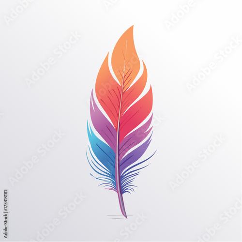 A vibrant feather positioned vertically on a blank background with delicate shadows beneath.