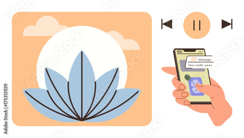Hand holding smartphone scanning fingerprint for authorization, lotus flower and sun motif emphasizing calm and security. Ideal for technology, meditation, relaxation, security, mindfulness, zen