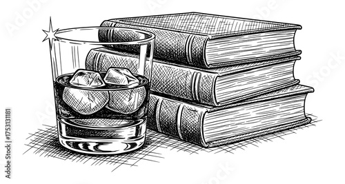 Glass of Whiskey and Books in Vintage Engraving Style. Vector Illustration for Relaxation and Literary Themes.