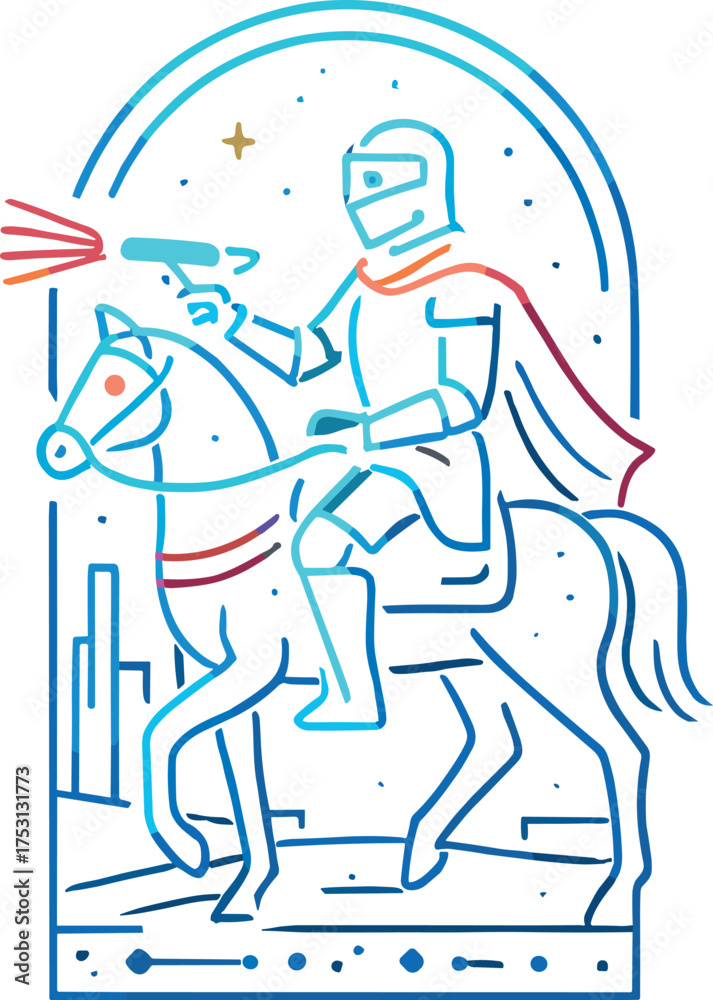 Obraz premium A futuristic gradient line art illustration of a sci-fi knight riding a horse and aiming a laser gun, blending medieval heroism with space-age technology.