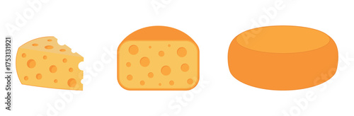 Cheese with large holes: triangular piece, half, whole package. Vector illustration.