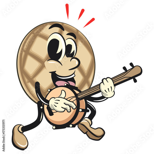 cute pineapple bun or melon bread bun mascot cartoon vector illustration isolated playing the banjo musical instrument, work of hand drawn