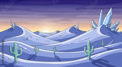 Cactus plants in a desert landscape with large crystal formations.