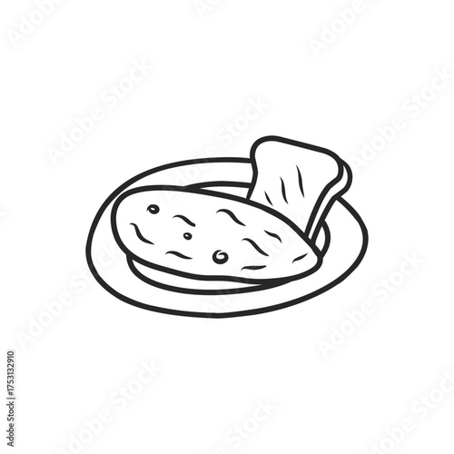 Hand Drawn Plate of Schnitzel or Fried Meat Cutlet with Toast Line Art Icon