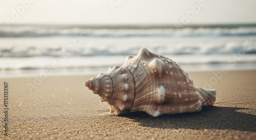 A large conch shell resting on the sandy beach with gentle waves washing ashore in the background light