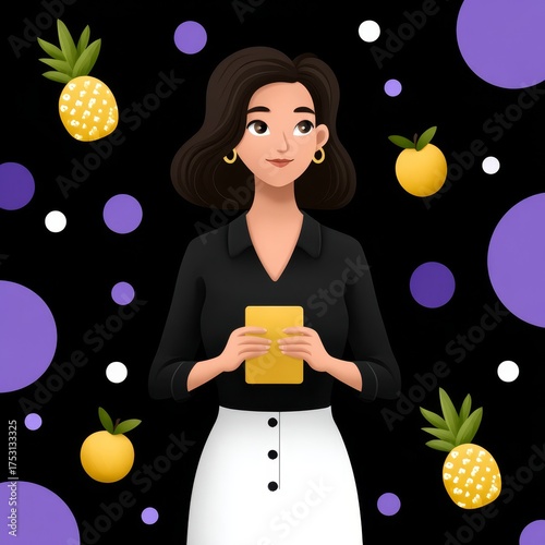 Contemporary portrait of women with tropical fruits colorful background modern style vibrant environment