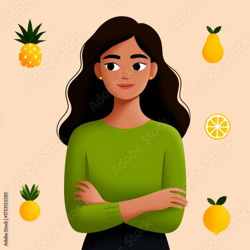 Contemporary portrait of women in tropical environment with colorful exotic fruits
