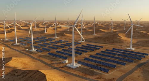 A desert smart grid with futuristic wind turbines and solar arrays