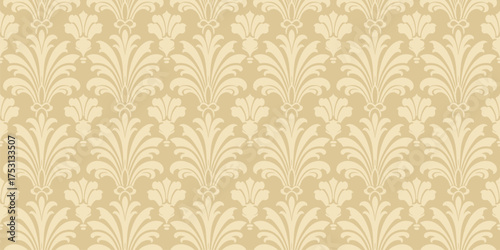 Luxury art deco seamless pattern. Abstract floral geometric ornament with feathers, leaves. Subtle golden vector background in rococo, revival, renaissance, baroque, damask style. Repeat gold design