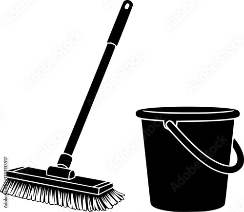 Mop and bucket silhouette. This image shows a black and white design of a mop with bristles and a bucket, used for cleaning floors and household sanitation. Vector clipart illustration design