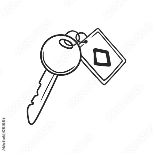 Hand Drawn Single Key on Keyring with Fob Line Art Icon
