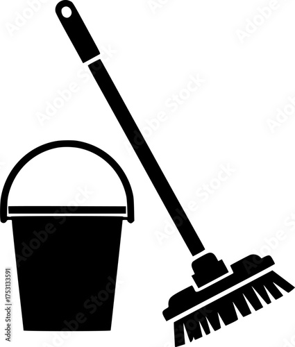 Mop and bucket silhouette. This image shows a black and white design of a mop with bristles and a bucket, used for cleaning floors and household sanitation. Vector clipart illustration design