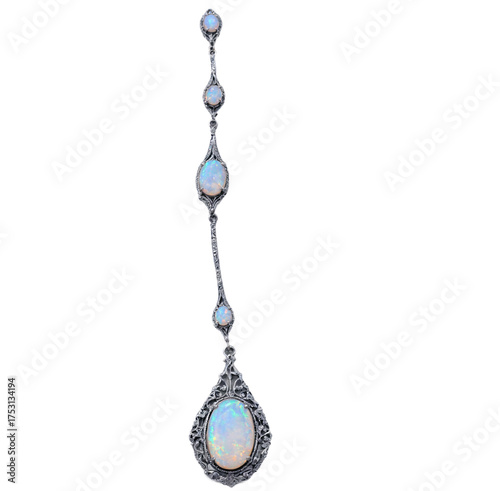 Vintage Edwardian opal pendant necklace with platinum filigree chain on transparent background transparent background isolated png stock