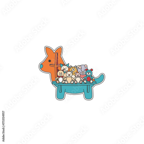 Cartoon Dog Table with Stuffed Animals, Playful Illustration.