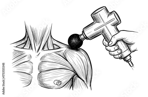Massage Gun on Muscular Shoulder in Anatomical Sketch Style. Vector Illustration for Muscle Therapy Concept.
