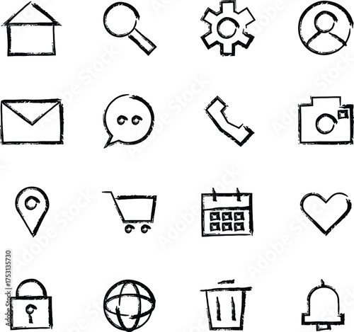 Hand-drawn sketchy UI and UX icon collection for web and app design. Creative outline symbols for digital interfaces, websites, and mobile dashboards in a playful modern doodle style.