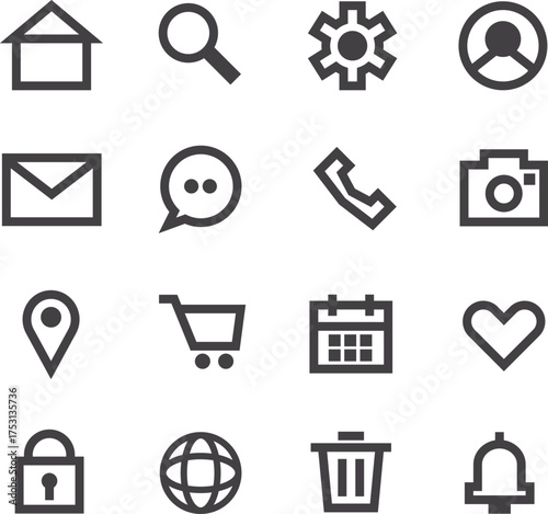 Minimalist line icon set for UI and UX design. Essential web and mobile interface symbols for apps and websites. Vector collection of basic navigation buttons. Clean outline style.
