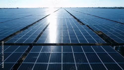 Vast Solar Panel Array Under Bright Sunlight Creating Renewable Energy With Rows of Photovoltaic Cells Stretching to Horizon Under Clear Blue Sky and
