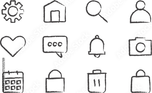 Hand-drawn sketchy UI and UX icon collection for web and app design. Creative outline symbols for digital interfaces, websites, and mobile dashboards in a playful modern doodle style.