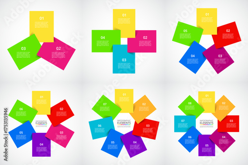 Set of creative infographic templates with 3, 4, 5, 6, 7 and 8 options, parts or processes.