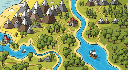 Cartoon Map of a Fantasy World with Mountains and Rivers.