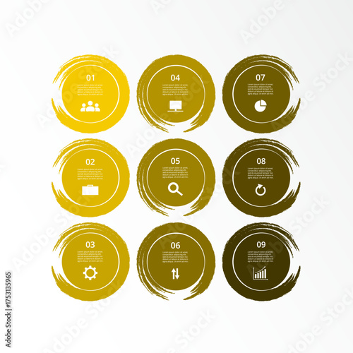 Step by step yellow infographic template with 9 options, parts or processes.