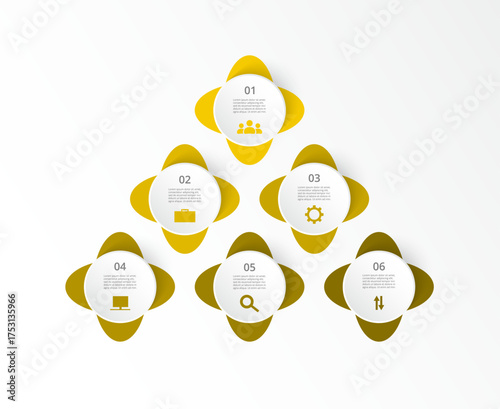 Step by step yellow infographic template with 6 options, parts or processes.