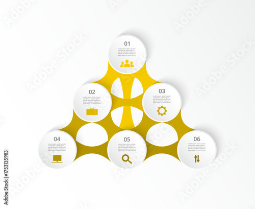 Step by step yellow infographic template with 6 options, parts or processes.