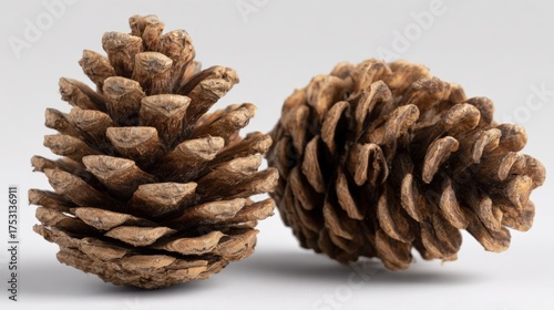 Two natural pine cones with detailed scales, isolated on white, autumnal botanical elements