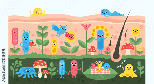 Cartoon Skin Microbiome Ecosystem with Cute Microbes and Plants.