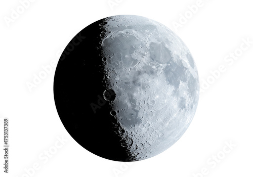 Detailed moon PNG isolated on transparent background, lunar surface with craters and shadows for space exploration and science projects