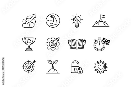 Set of Outline Motivational Icons with Growth, Strength, Innovation, Achievement, Success, Time Management, Focus, Growth, Security, and Protection Concepts in Vector Style