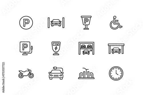Set of parking icons outline vector with accessibility, electric vehicle charging, motorcycle, car park, multi-level parking, clock, and urban city parking symbols collection