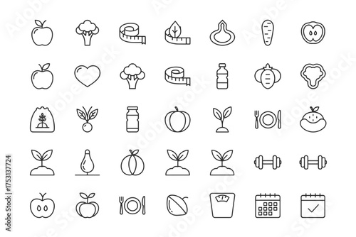 Set of outline nutrition icons with fruits, vegetables, healthy diet, measuring tape, weight scale, fitness, and meal planning symbols for wellness and health lifestyle