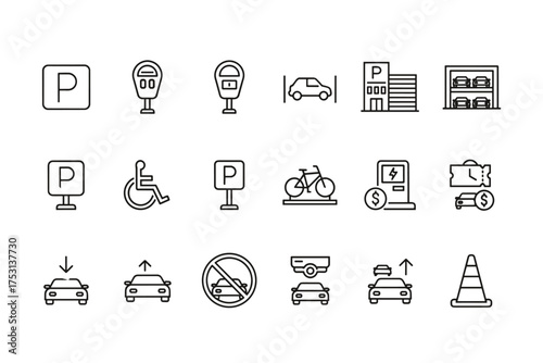 Set of Outline Parking Icons, Parking Meter, Disabled Parking, Bicycle Parking, Electric Car Charging Station, Paid Parking Ticket, Car Entry Exit, CCTV Surveillance, Traffic Cone Symbols