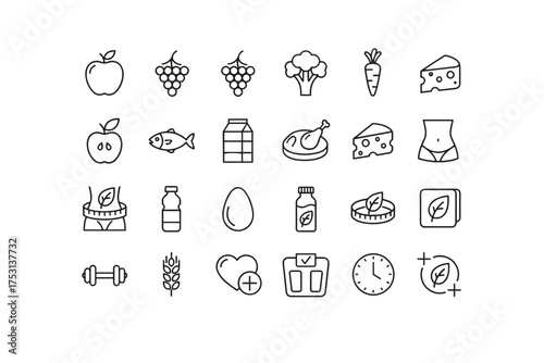 Set of Outline Nutrition and Healthy Lifestyle Icons including Fruits, Vegetables, Dairy, Protein, Weight Loss, Supplements, Fitness, Time Management, and Wellness Symbols for Health and Diet Concepts