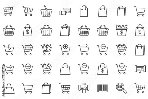 Editable shopping cart line icon set with shopping basket, credit card payment, shopping bag, barcode scanner, and cart with groceries for e-commerce and retail design