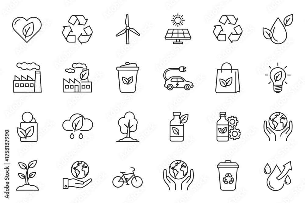 Fototapeta premium Set of thin line icons illustrating sustainability concepts, including recycling, renewable energy, eco-friendly industry, electric vehicles, green products, environmental protection, and climate care