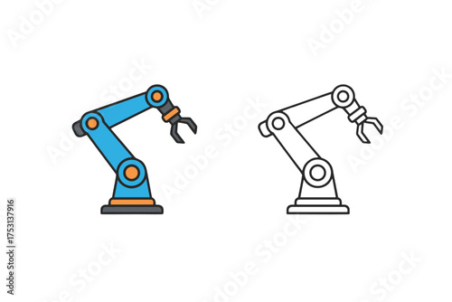 Industrial robotic arm vector icons, two colored and outline style, factory automation equipment, mechanical robot illustration for industrial technology design
